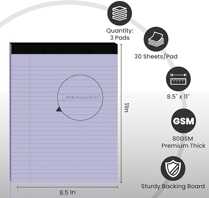 3pcs Legal Pads 8.5 x 11,Notepads 8.5 x 11 Inch, 30 Sheets/Pack, Purple Note Pads Clear Print Writing Pads of Paper, Perforate Wide Ruled Lined with Sturdy Back for Office, Business & School Supplies