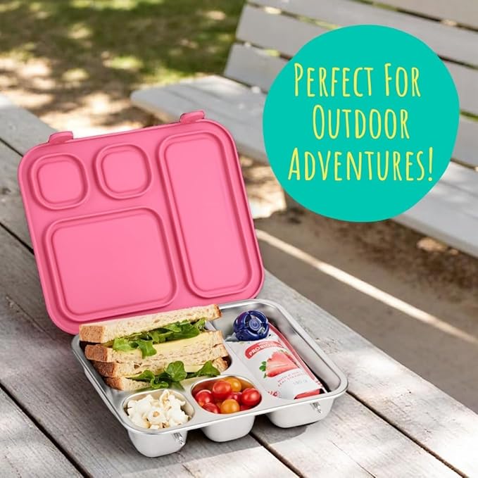 Elk and Friends Kids Stainless Steel Bento Box with Silicone Lid | Leak-proof | Toddler Lunch Container | 4 Compartments | Dishwasher Safe
