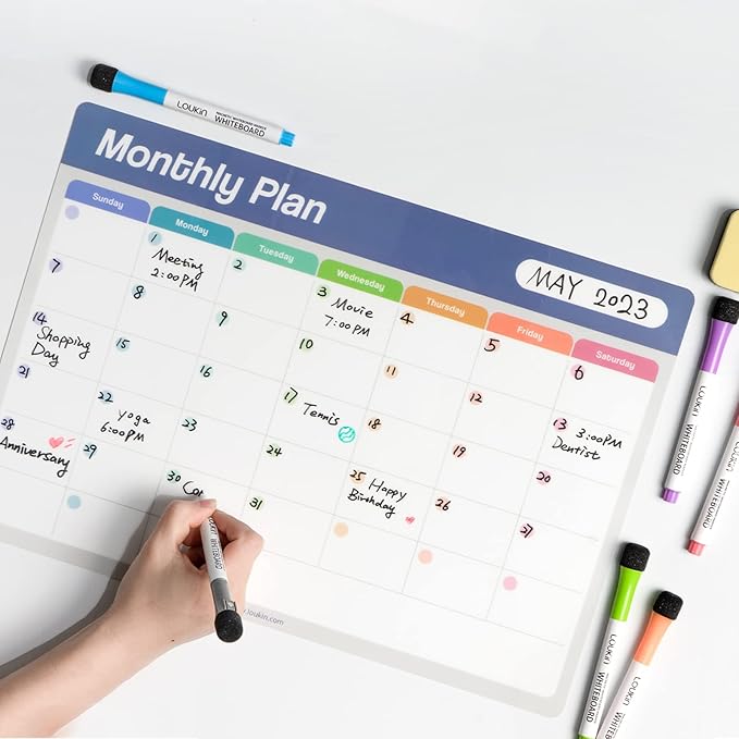 Loukin 17"x11.8" Dry Erase Calendar Set (Monthly+Weekly), Electrostatic Adsorption Whiteboard Planners, Reusable Schedule for Refrigerator, Clings to Any Shiny Surface, 6 Markers & 1 Eraser Included