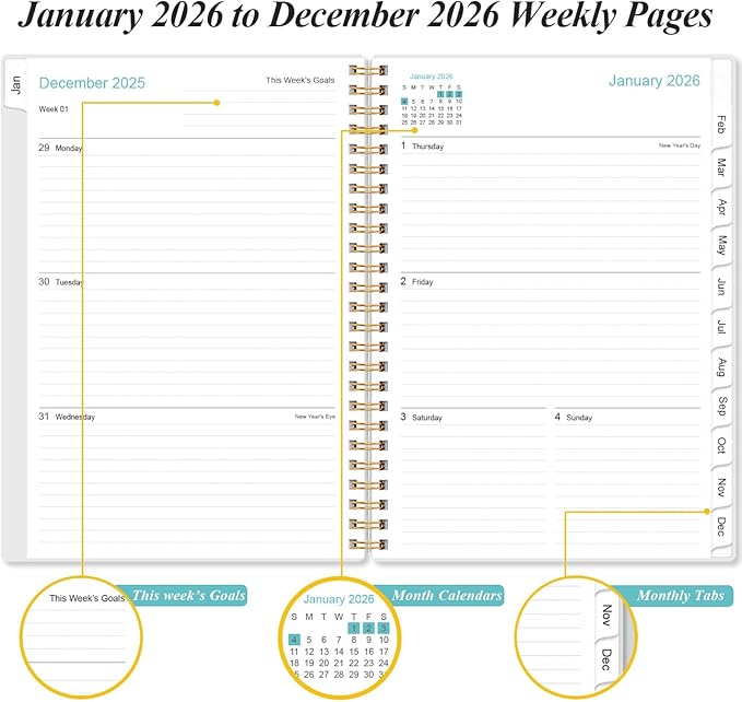 2026 Planner - Planner 2026 from January 2026 - December 2026, Weekly & Monthly Planner Spiral Bound with 12 Monthly Tabs, Inner Pocket, 6.4" x 8.5", Flower-E
