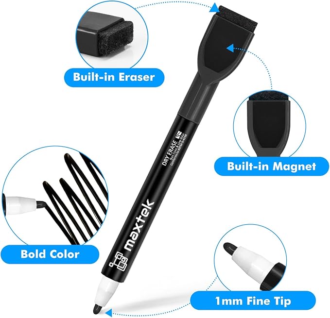 maxtek 24 Count Magnetic Black Dry Erase Markers, Fine Tip Whiteboard Markers with Eraser, Thin Markers Low Odor for Classroom, Office, Home