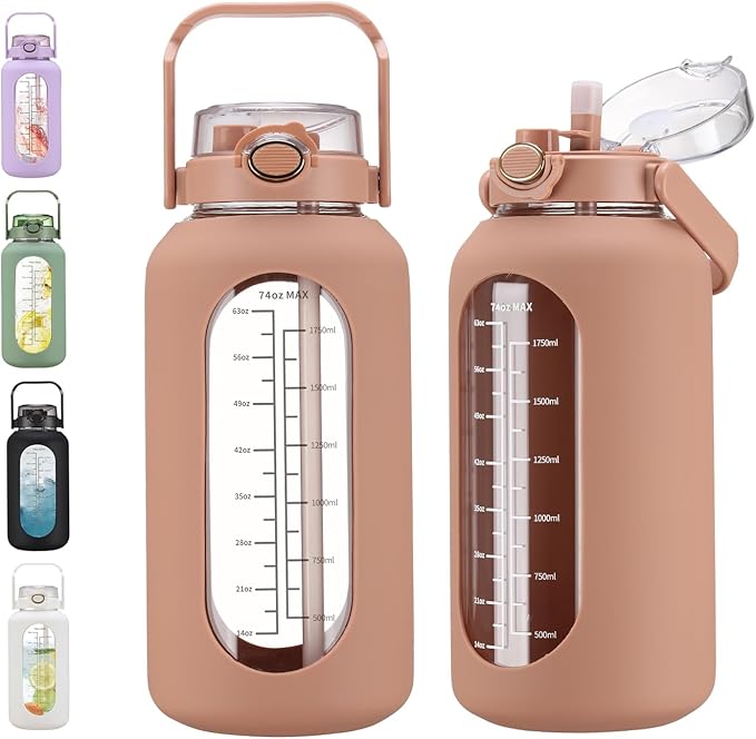 74 oz Glass Water Bolttles with Straw Large Motivational Water Bottle with Time Marker Sports Water Bottles with Silicone Sleeve and Handle Lid 2.2L Water Jug for Gym Workout