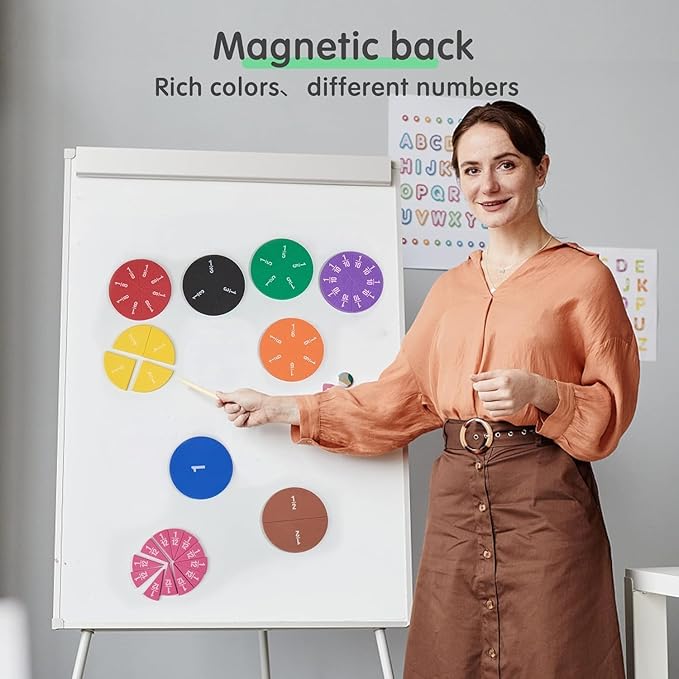 Set of 4 Magnetic Fraction Circles 204 pcs Fraction Bars Set, Rainbow Math Manipulatives Learning Toy for Preschool Elementary School Classroom Educational Kit