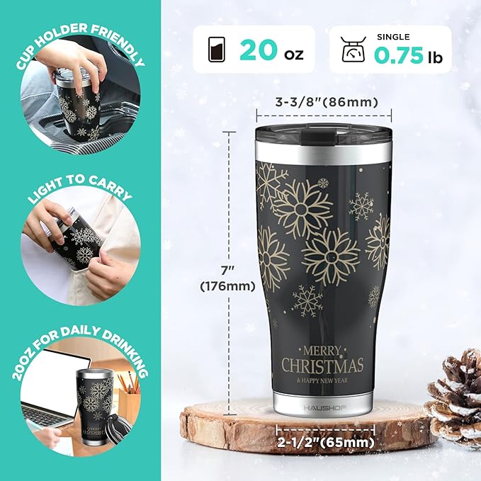 HAUSHOF 20oz Christmas Tumbler, Stainless Steel and Double Wall Insulated Travel Coffee Mug with Lid, Good Choice for Christsmas Gifts-Black with Snowflakes