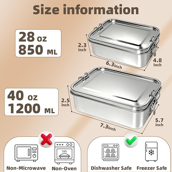 40oz/1200ml Meta Lunch Box, Stainless Steel Food Storage Sandwich Containers, Bento Box with Lids Leak Proof for Travel, Work, Picnic, Home,Meal Prep
