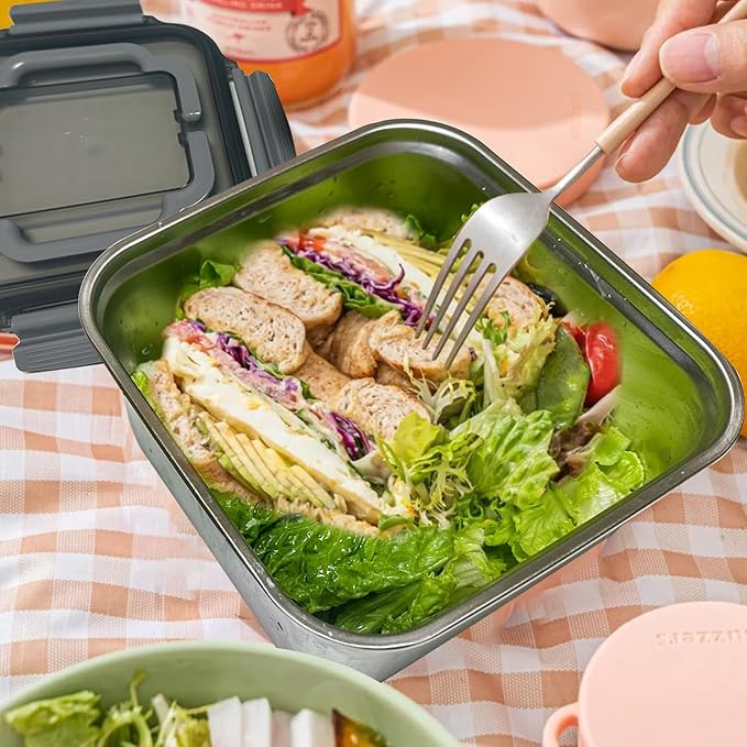 Salad Container for Lunch 2 Pack,3-Compartment Bento-Style Tray,1.5-oz Sacue Container, Dishwasher, Microwave, and Oven Safe (Gray&White)