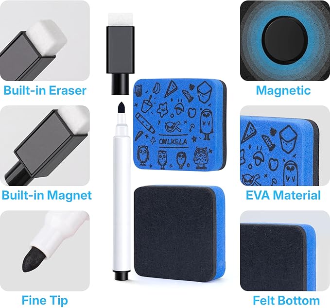 OWLKELA 10 Pcs Magnetic Dry Erase Markers with Eraser, Fine Tip Whiteboard Markers, Low Odor Dry Erase Set, 8 Color White Board Markers for Office, Home, Classroom