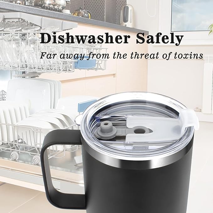 Sursip Insulated Coffee Mug with Handle and Lid, 24 oz Double Wall Vacuum Travel Thermal Coffee Tumbler with Straw for Home, Office Stainless Steel Coffee Cup - Leak proof, BPA Free (Black-1 Pack)