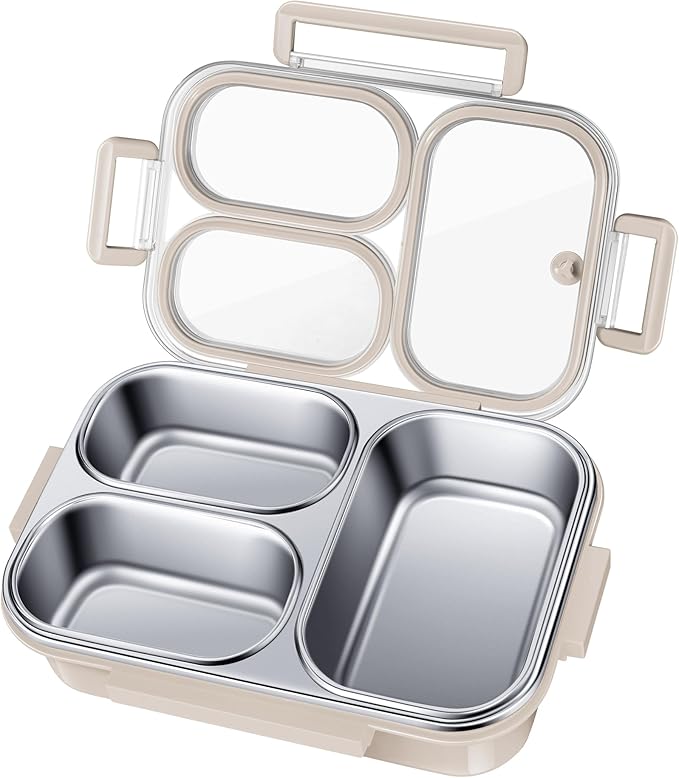 Stainless Steel Lunch Box for Kids & Adults - 25 oz - Leakproof 3 Compartment Metal Lunch Container - 18/8 Stainless Steel Bento Box - Ideal for School, Office & Outdoor - Dishwasher Safe (Cream)