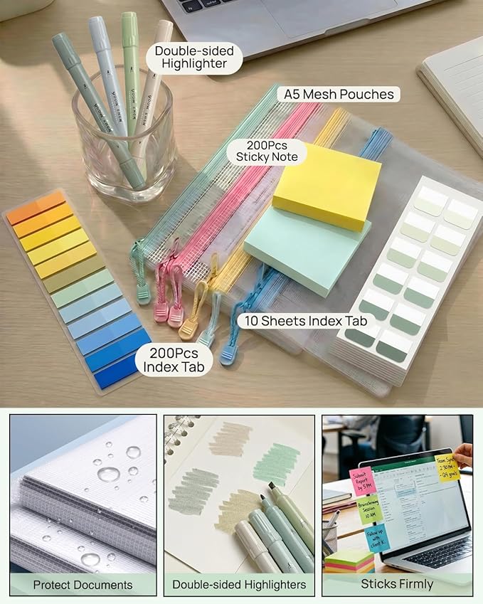 41Pcs Aesthetic Pink Office Supplies Set, All-in-One 5 Compartments Desk Organizer Kit with Large Capacity Pen Pouch, A5 Notebook for Women & Journaling (green)
