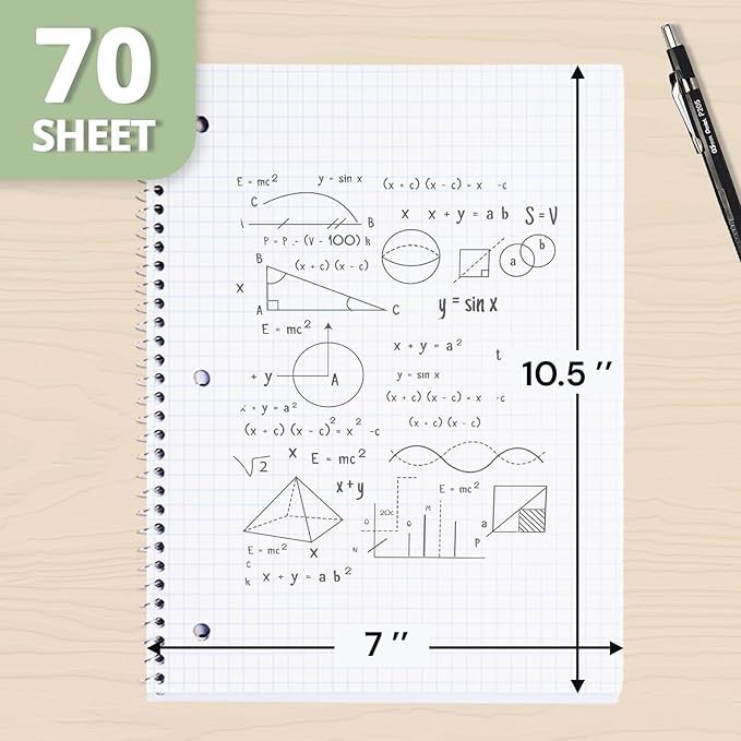 ONAVIA Graph Ruled Subject Spiral Notebook, 5 Pack, 4x4 Grid Paper, 8" x 10-1/2", 70 Sheets, 1 Subject, 3-Hole Punched for School, Work, Assorted Colors