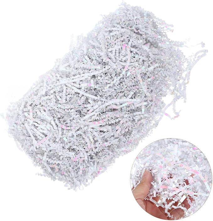 FAVOMOTO Crinkle Paper Shred Basket Filler 100g Bag, White Raffia Twisted Tissue Paper Packaging Box Filler for Wrapping and Shipping Decoration