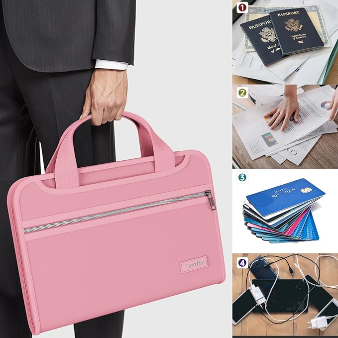 Tamfile Fireproof Accordion File Organizer with Handle, 13 Pocket Expanding File Folder with Zipper & Labels, File Folder with Multi-Pockets Paper Organizer Folder for Letter A4 Files, Pink