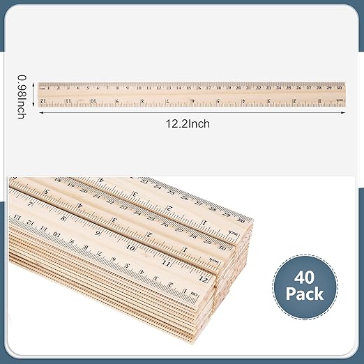40 Pack Wooden Ruler 12 Inch, Rulers Bulk Wood Measuring Ruler for Students Teachers Classroom,2 Scale