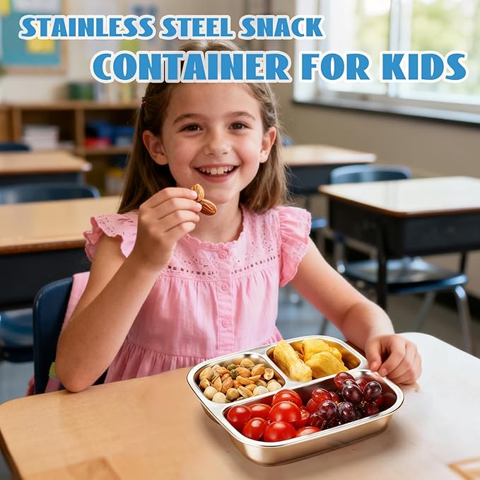 2 Pack Snack Containers for Kids, 3 Compartments Reusable on the go Bento Box with Lids, Stainless Steel Toddler Lunch Box Pre Meal Storage for Daycare School Outdoor Camping - Blue Orange