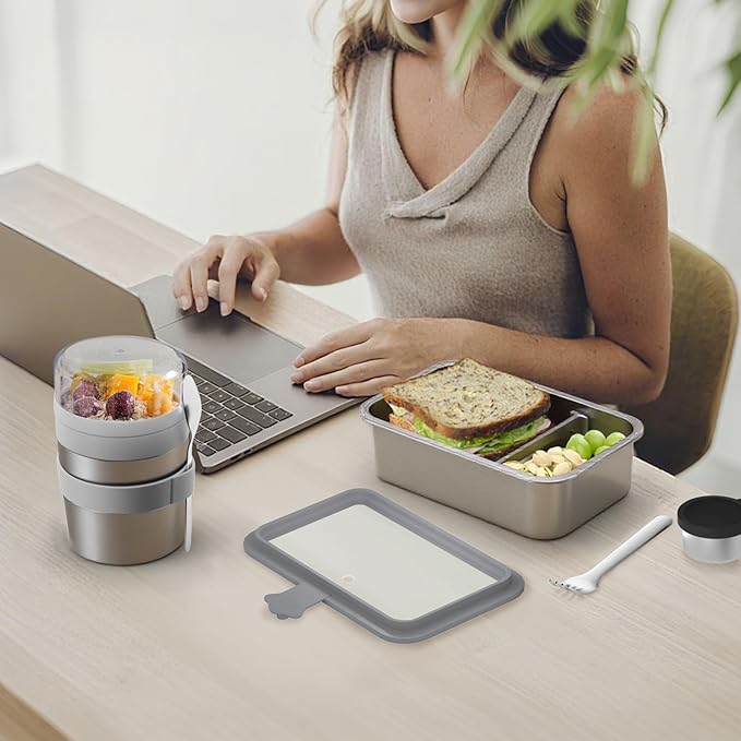 Stainless Steel Bento Box Set for Adult - 42oz Leak-Proof Lunch Box Containers with Thermo, Insulated Bag for Work Travel Dining Out