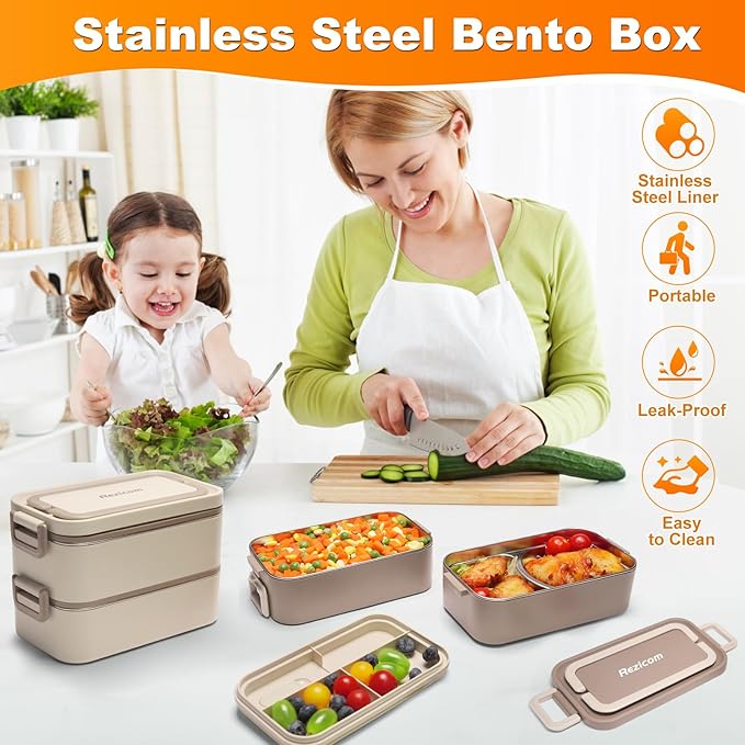 Stainless Steel Lunch Box for Kids and Adult, Two Layer 2 L Capacity Leak-Proof Bento Box for Kids, Lunch Containers for Women School Office with Stainless Steel Soup Bowl Spoon and Fork