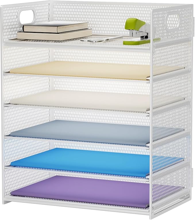 Marbrasse 6 Tier Paper Organizer Letter Tray - Mesh Desk File Organizer with Handle, Paper Sorter for Letter/A4 Office File Folder Holder - White