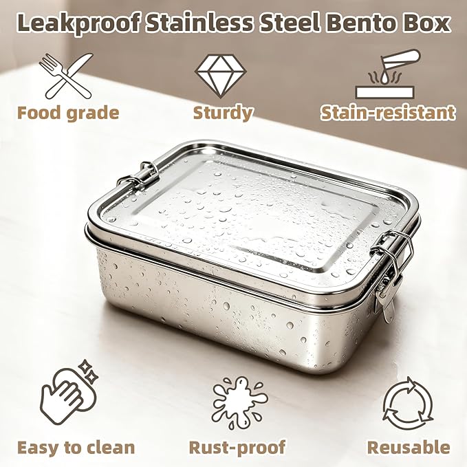 40oz/1200ml Meta Lunch Box, Stainless Steel Food Storage Sandwich Containers, Bento Box with Lids Leak Proof for Travel, Work, Picnic, Home,Meal Prep