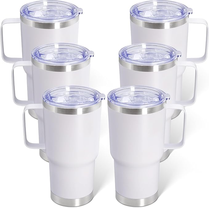 20 oz Tumbler with Handle and Lid, Stainless Steel Tumbler Insulated Travel Coffee Mug, Spill Proof Double Wall Vacuum Tumbler Cup Keep Drink Hot & Cold,White, 6 Pack