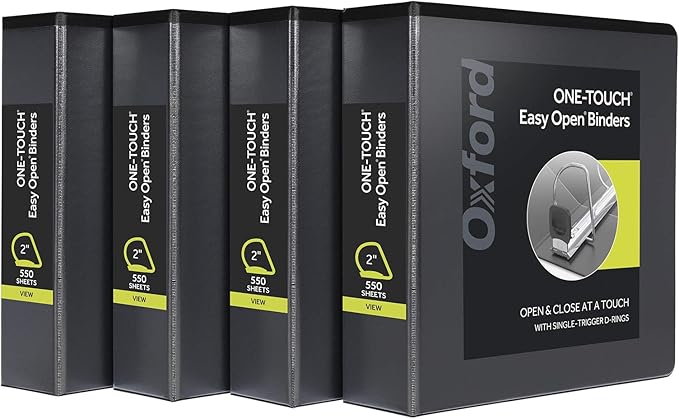 Oxford 3 Ring Binders, Binders for School and Office, 2 Inch ONE-Touch Easy Open D Rings, 3-Sided View Binder Covers, Xtralife Hinge, Non-Stick, PVC-Free, Black, 530-Sheet Capacity, 4 Pack (79911)