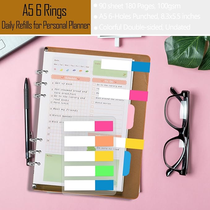 Rancco A5 Planner Inserts Daily Refills, 90 Pages Colorful 6-Ring Loose-leaf Binder Planner Inserts w/Divider, PVC Pouch, Ruler, Index Tab for Journal, Filofax, Double-sided, Undated,8.3x5.6"
