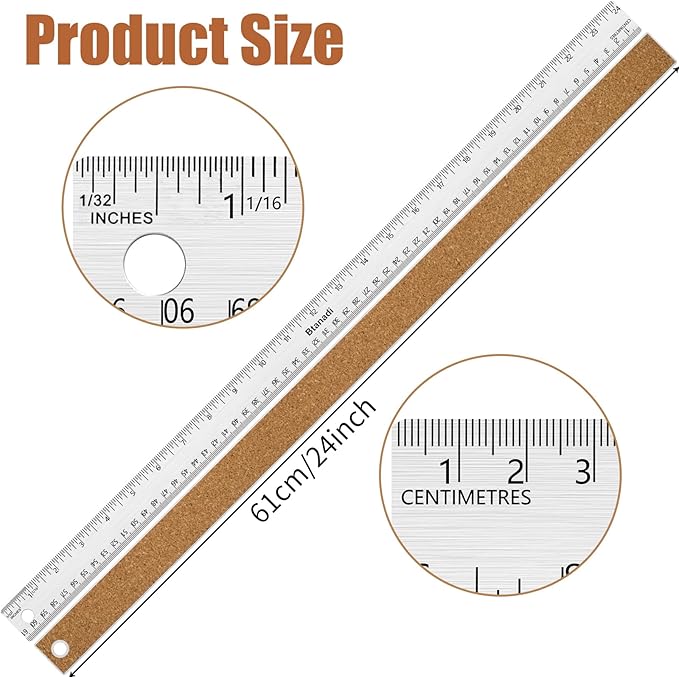 2PCS 24 Inch Metal Ruler, Stainless Steel Straight Edge Ruler with Cork Backing, Non-Slip Imperial & Metric Measuring Tool for School, Office, Woodworking, Drafting