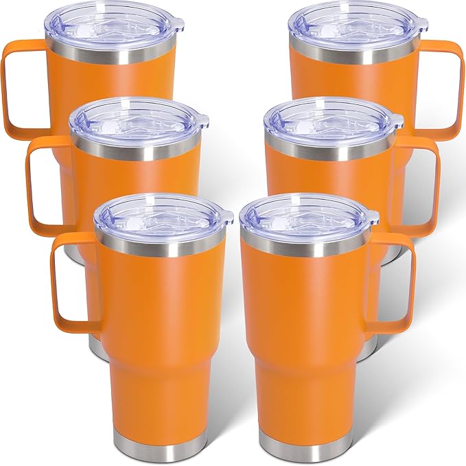 20 oz Tumbler with Handle and Lid, Stainless Steel Tumbler Insulated Travel Coffee Mug, Spill Proof Double Wall Vacuum Tumbler Cup Keep Drink Hot & Cold, Orange, 6 Pack