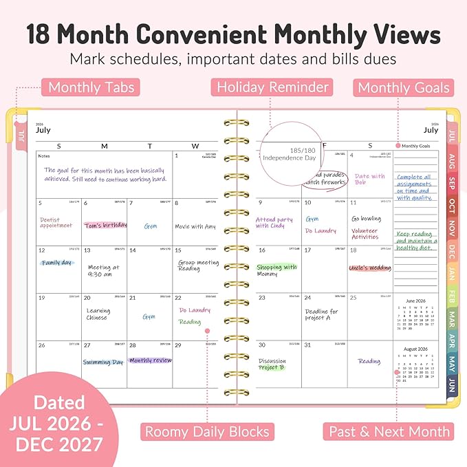 Jul 2026 - Dec 2027 Planner, Forvencer 18 Month Academic Planner 2026-2027, 6.3" x 8.4", Calendar Planner Weekly and Monthly, Daily Agenda Book, College School Supplies for Student Teacher, A5, Pink