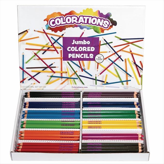 Colorations® Jumbo Colored Pencils, Larger and Hexangonal Shaped for easy gripping, Set of 120 Pencils, 12 Colors, Kids Coloring Pencils, Sustainably Harvested Wood, Home or School Supplies