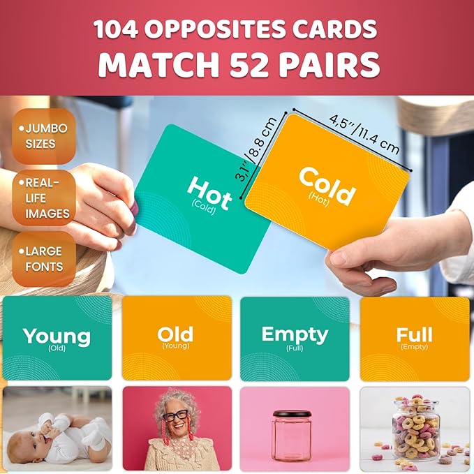 QUOKKA 104 Opposites Vocabulary Flash Cards with Realistic Images for Pre-K and Kindergarten - Perfect for Teachers, Parents, and Speech Development Activities - Vocabulary Builder for Kids Adults
