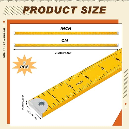 Hoteam 5 Pcs Heavy Duty Wooden Yardstick 36 Inches Natural Wood Yard Stick Ruler with Hang Hole Metal Tips 1/4-Inch-Thick Yardstick Ruler Metal Ends Meter Stick Clothing Measuring (Yellow)