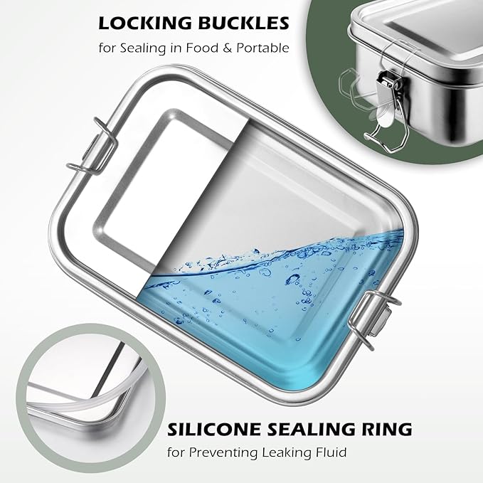 Leonyo 2 Pack 47oz 18/10 Stainless Steel Lunch Box, 1400ml Metal Bento Box for Adults with 2 Dividers, Leak-Proof Bento Snack Containers for Women Man, Dishwasher Safe, Oven Safe Except for Lid