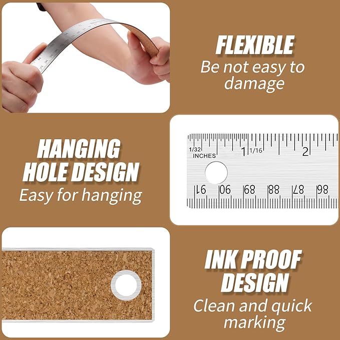 24 Inch Metal Ruler, Stainless Steel Straight Edge Ruler with Cork Backing, Non-Slip Imperial & Metric Measuring Tool for School, Office, Woodworking, Drafting