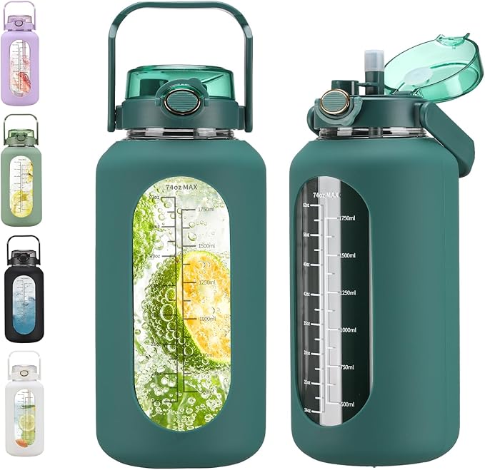 74 oz Glass Water Bolttles with Straw Large Motivational Water Bottle with Time Marker Sports Water Bottles with Silicone Sleeve and Handle Lid 2.2L Water Jug for Gym Workout