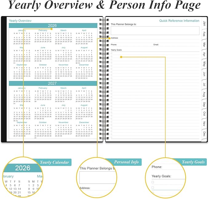 2026-2027 Planner - Planner 2026-2027 from July 2026 - June 2026, Weekly & Monthly Planner Spiral Bound with 12 Monthly Tabs, Inner Pocket, 6.4" x 8.5", Black-E