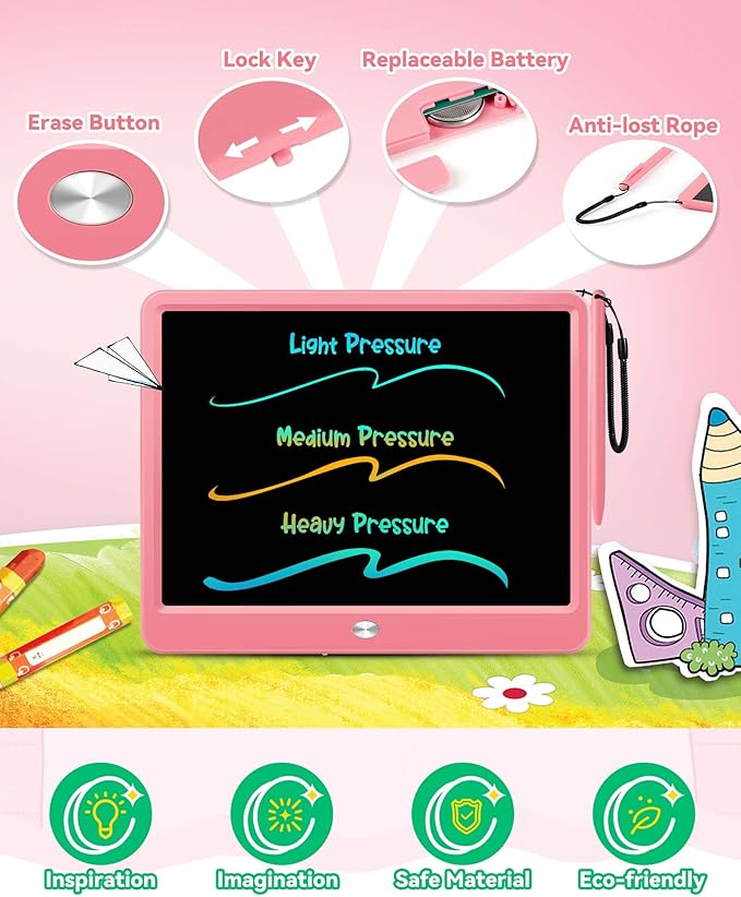 KOKODI 12 Inch LCD Writing Tablet with Anti-Lost Stylus, Erasable Doodle Board Colorful Toddler Drawing Pad, Car Travel School Games Toys for 3 4 5 6 7 8 Kids, Birthday Gift for Girls Boys Adults Pink