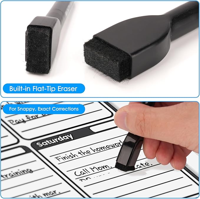 maxtek Magnetic Black Dry Erase Markers, 12 Count Fine Tip Whiteboard Markers with Eraser, Thin Markers Low Odor for Classroom, Office, Home