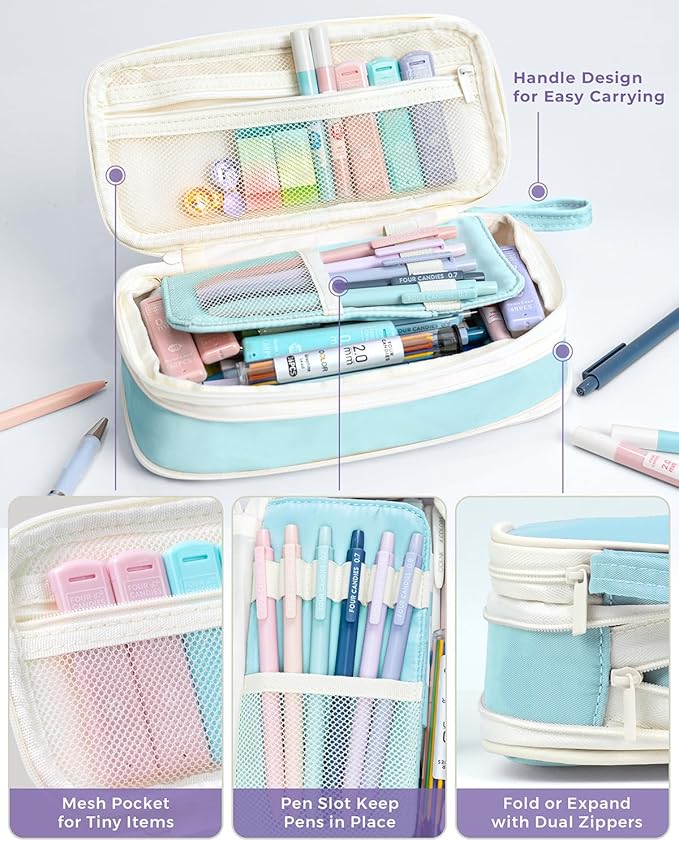 Four Candies 36PCS Aesthetic School Supplies, Mechanical Pencil Set 0.5mm, 0.7mm, 0.9mm & 2.0mm with 624 Lead Refills, Back to School Supplies for Writing & Drawing, Ideal Stationary Set Gift (Blue)