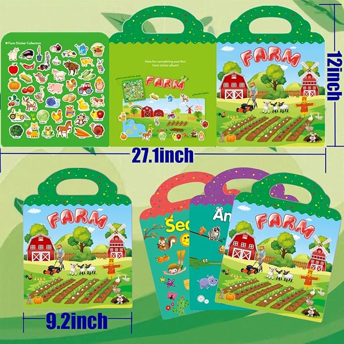 Reusable Sticker Book for Kids, 3 Sets Educational Learning Toys Travel Stickers Activity Books for Toddler Girls Boys Age 3+ Birthday Gifts - Farm, Season & Animals