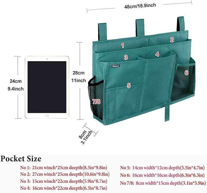 Surblue Caddy Hanging Organizer Bedside Storage Bag for Bunk and Hospital Beds, Teal, L