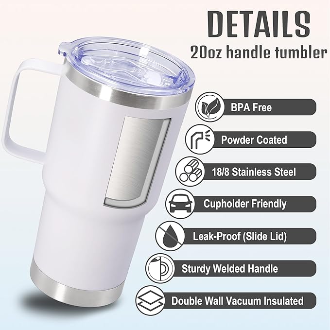 20 oz Tumbler with Handle and Lid, Stainless Steel Tumbler Insulated Travel Coffee Mug, Spill Proof Double Wall Vacuum Tumbler Cup Keep Drink Hot & Cold,White, 6 Pack