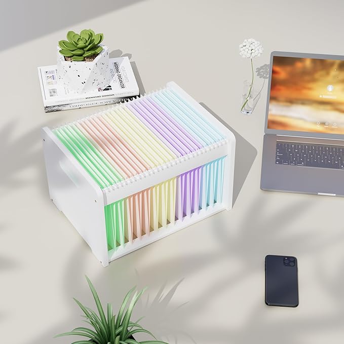 2 Pack Bamboo Hanging File Organizer, Office Desk File Organizer for Letter Size, Wood Hanging File Folders Organizer Record Holder Storage Stand Bookshelf Easy Assembly, White
