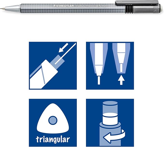 STAEDTLER triplus Micro 0.5mm Mechanical Pencils 3-pack: Retractable & Refillable #2 Mechanical Pencils with Twist Erasers, Ergonomic Triangular Grip for Writing, Drawing, Engineering & Drafting