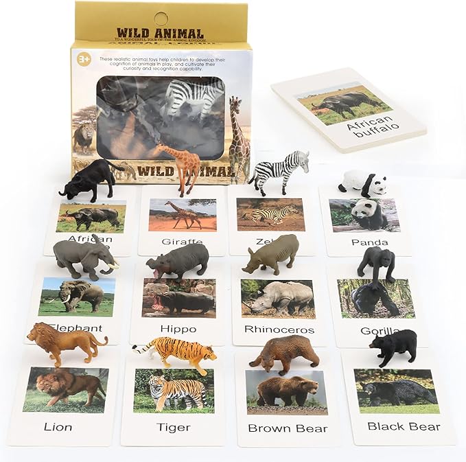 Small Montessori Animal Figures with Flash Cards, Realistic Animal Figurines Toys, Montessori Materials Homeschool Preschool Science Educational Matching Game for Toddler Kids (Zoo)
