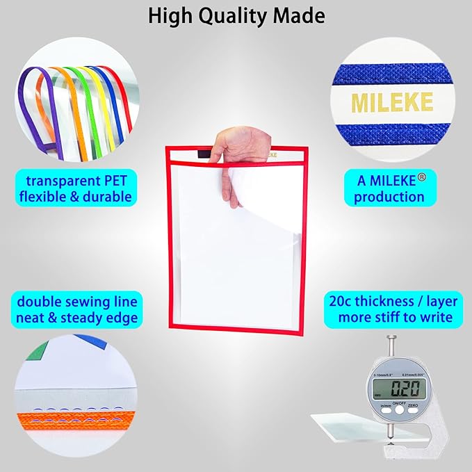 MILEKE Dry Erase Pockets, Clear Plastic Dry Erase Sleeves, A4 Dry Erase Sheets for Teaching & Drawing, Heavy Duty Paper Protector Sheet & Card Pouch & Ticket Holder, 6 Assorted Colors/Pack