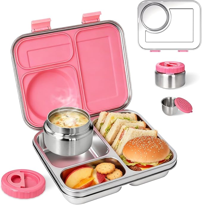 Stainless Steel Bento Lunch Box-7+ Older Kids，Teens ＆ Adult with Insulated Food Jar,Leakproof 3-Compartment,BPA-Free, Eco-Friendly,Dishwasher Safe, Large-Capacity Box, School,Office,Travel （Pink)