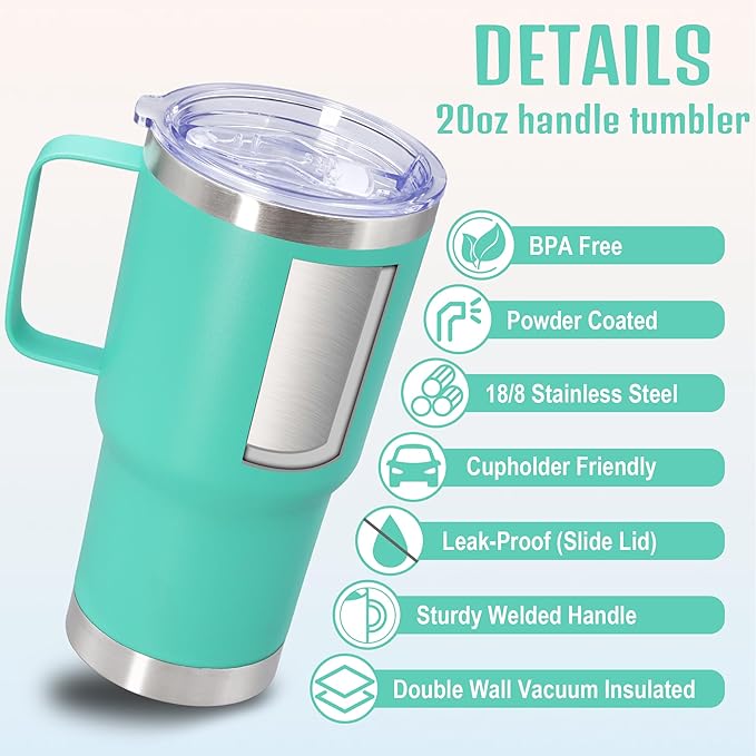 20 oz Tumbler with Handle and Lid, Stainless Steel Tumbler Insulated Travel Coffee Mug, Spill Proof Double Wall Vacuum Tumbler Cup Keep Drink Hot & Cold, Light Blue, 12 Pack