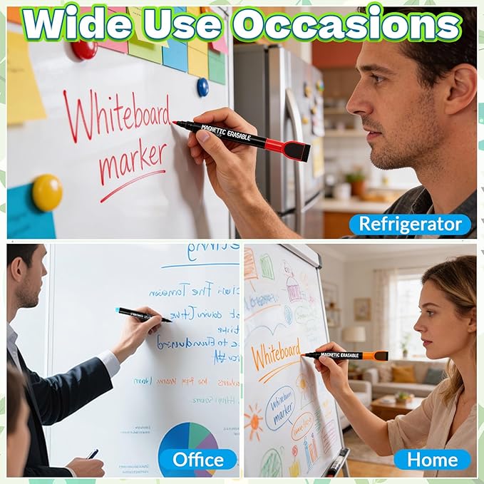 12 Pcs Magnetic Dry Erase Markers, Colorful Fine Tip Whiteboard Markers with Erasers, Thin Low Odor Dry Erase Marker Set for White Board Fridge Calendar Office Home