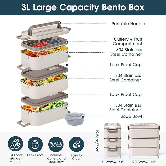 Bento Box Adult Lunch Box, Stackable 3 Layer 304 Stainless Steel Lunch box for Adults Kids Office, 3L Large Capacity Portable Lunch Box Containers with Soup Bowl Spoon and Fork